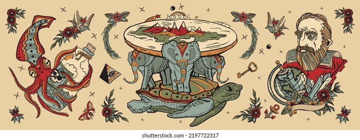 Colección de tatuajes de la vieja escuela. Teoría de la Tierra Plana. Tortuga y tres elefantes. El pulpo kraken y el científico Galileo. Estilo tradicional de tatuaje