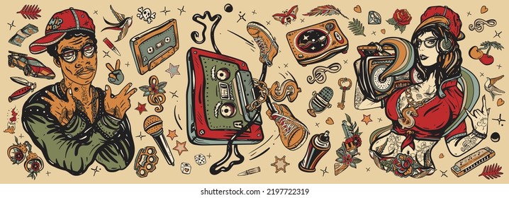 Old School Tattoo Collection. Hip Hop Music. African American Man Rapper In Baseball Cap And Glasses, Rap Girl, Swag Woman, Boom Box. Audio Cassette, Break Dance. Tattooing Musical Street Ghetto