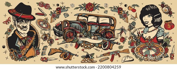 Old school tattoo collection. Mafia. Gangsters.\
Crime boss plays saxophone, retro car, robbers, bandits weapons,\
croupier pin up girl, casino. Noir criminal movie art. Traditional\
tattooing style