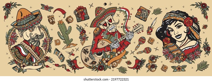 Old School Tattoo Collection. Mexico. Skeleton With Guitar, Mexican Woman, Bandit. Day Of Dead Art. Traditional Tattooing Style