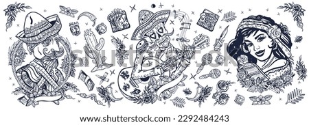 Old school tattoo collection. Mexico. Day Of Dead art. Traditional tattooing style. Skeleton with guitar, mexican woman, bandit