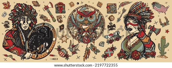 Old school tattoo collection. Native American
Indian old school tattoo vector collection. Ethnic warrior girl,
shamanic female, dream catcher, owl and old cherokee shaman. Tribal
culture and history