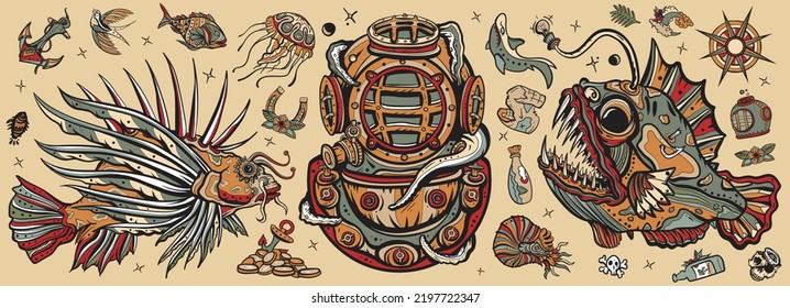 Old school tattoo collection. Underwater world. Scuba diver helmet, octopus kraken tentacles. Sea monsters. Angler fish, lionfish, jellyfish. Deep water diving art. Treasures and life of ocean