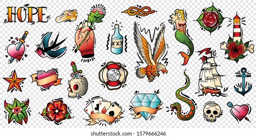 Old school tattoo colorful collection with skull snake sailing ship cross heart hope symbols transparent vector illustration 