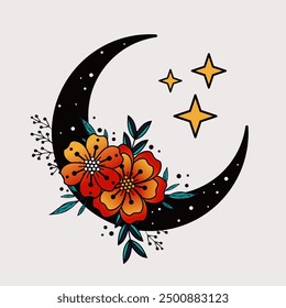 Old school tattoo crescent. Retro romantic tattoo