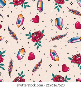 El tatuaje de la vieja escuela es un patrón sin costuras. Patrón con elementos florales. 