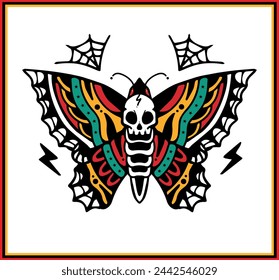 Old school tattoo design butterfly skull Sticker. Traditional tattoo butterfly skull vector