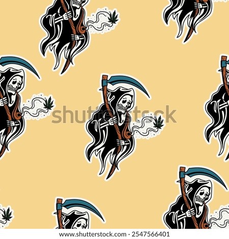 old school tattoo design pattern, colorful grim reaper with white edges, smoking marijuana