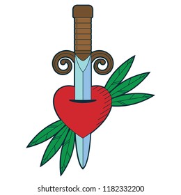 Old school tattoo design. Sword and heart vector cartoon traditional retro illustration isolated on white background.