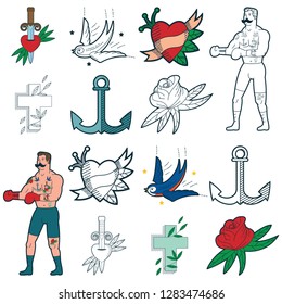 Old School Tattoo Design Vector Set. Traditional Retro Illustration Of A Swallow, Heart, Cross, Anchor, Rose, Sword And Boxer Isolated On White Background.