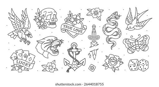 Desenhos de tatuagem da velha escola - conjunto de vetor de arte de linha perfeito 2. Signos tradicionais da velha escola tatuagem e símbolos conjunto de águia, âncora, borboleta, amor, pássaro de deglutição, crânio, etc. Página de cores editável