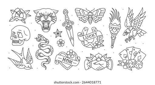 Desenhos de tatuagem da velha escola - conjunto de vetor de arte de linha perfeito 1. Signos tradicionais da velha escola tatuagem e símbolos conjunto de águia, cabeça de panela, Sphingidae, cobra, pássaro de deglutição, crânio. Página de cores editável
