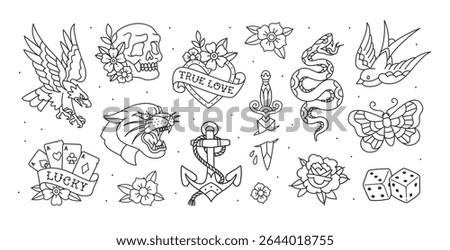 Old school tattoo designs - perfect line art vector set 2. Traditional Old school tattoo signs and symbols set of eagle, anchor, butterfly, love, swallow bird, skull, etc. Editable Coloring page