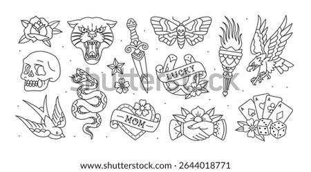 Old school tattoo designs - perfect line art vector set 1. Traditional Old school tattoo signs and symbols set of eagle, panter head, Sphingidae, snake, swallow bird, skull. Editable Coloring page