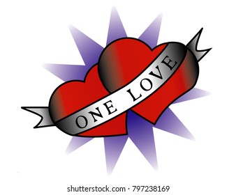 Old school tattoo double heart ONE LOVE
