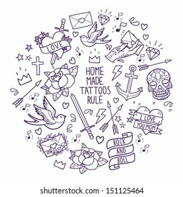 Old school tattoo elements. Cartoon vector tattoos in funny style: anchor, dagger, skull, flower, star, heart, diamond, scull and swallow 