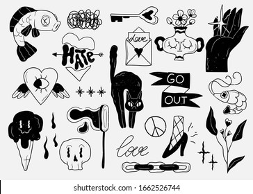 Old School Tattoo Elements. Cartoon Tattoos In Funny Style. Vector Illustration.