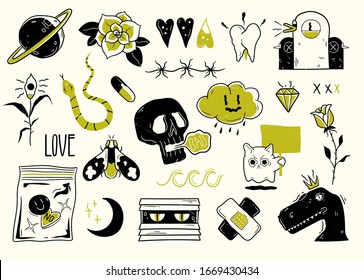 Old school tattoo elements. Cartoon tattoos in funny style. Vector illustration.