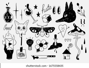 Old school tattoo elements. Cartoon tattoos in funny style. Vector illustration.