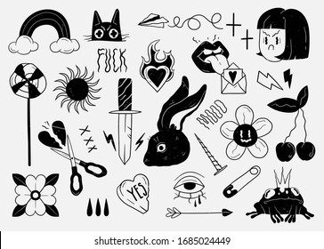 Old school tattoo elements. Cartoon tattoos in funny style. Vector illustration.