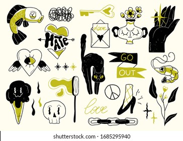 Old school tattoo elements. Cartoon tattoos in funny style. Vector illustration.