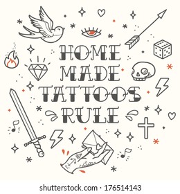 Old School Tattoo Elements. Cartoon Tattoos In Funny Style: Dagger, Skull, Dice, Star, Diamond, Arrow And Swallow 