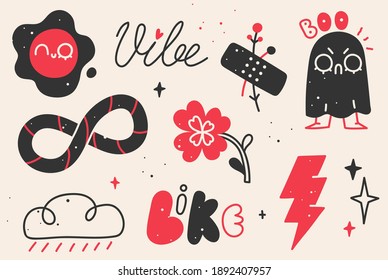 Old school tattoo elements. Cartoon tattoos in funny style. Vector illustration