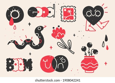 Old school tattoo elements. Cartoon tattoos in funny style. Vector illustration