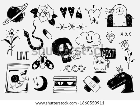 Old school tattoo elements. Cartoon tattoos in funny style. Vector illustration.