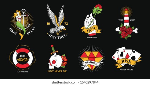 Old school tattoo elements flat colorful set with making love risk symbols black background isolated vector illustration                  