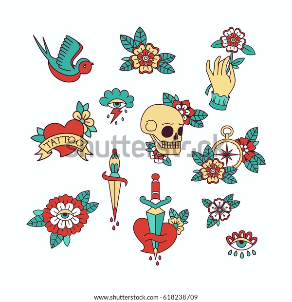 Old School Tattoo Elements Isolated On Stock Vector (Royalty Free ...