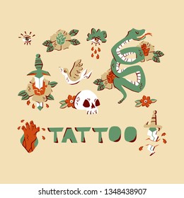 Old School Tattoo Elements. Set of Hand Drawn Vintage Tattoos Isolated on White Background