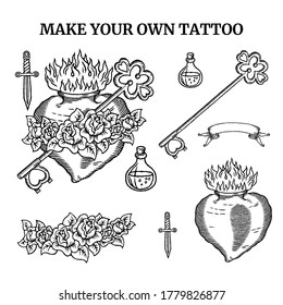 Old school tattoo elements set with heart, roses, key, bottle, engraving ribbon and knife with outline in black and white colors and retro style