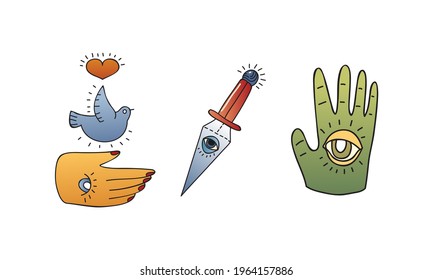 Old School Tattoo Elements and Symbols with Dagger and Hand with Eye Vector Set