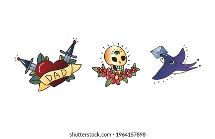 Old School Tattoo Elements and Symbols with Skull and Swallow Vector Set