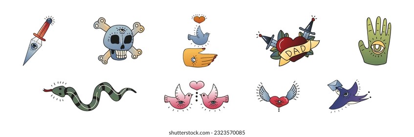 Old School Tattoo Elements and Symbols Vector Set