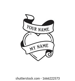 Old school tattoo emblem label with heart symbol and vintage ribbon. Traditional tattooing style ink. Isolated vector.