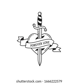 Tätowierungsschild der Alten Schule mit düstereren Herzsymbolen und Formulierungen für immer Liebe. Traditionelle Tätowierungsfarbe. Vektorillustration einzeln.