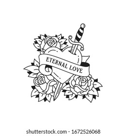 Old school tattoo emblem label with dagger heart rose symbols and wording eternal love. Traditional tattooing style ink. Isolated vector.