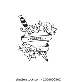 Old school tattoo emblem label with dagger heart flowers symbols and wording forever love. Traditional tattooing style ink. Isolated vector.