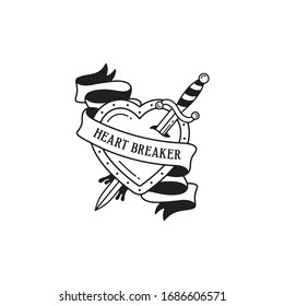 Etiqueta del emblema del tatuaje de la vieja escuela con símbolos del corazón dagas y frases para romper el corazón. Tinta tradicional estilo tatuaje. Vector aislado.