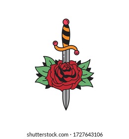 Etiqueta del emblema del tatuaje de la vieja escuela con símbolos de daga y rosa. Tinta de estilo tradicional de tatuaje. Vector aislado.