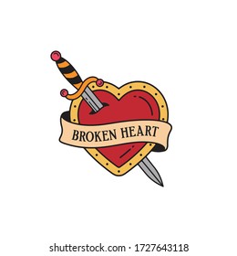 Etiqueta del emblema del tatuaje de la vieja escuela con símbolos del corazón daga y frases de corazón roto. Tinta de estilo tradicional de tatuaje. Vector aislado.