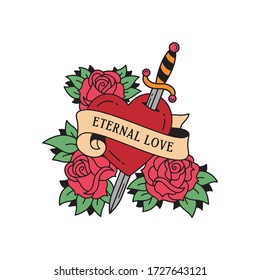 Old school tattoo emblem label with dagger heart rose symbols and wording eternal love. Traditional tattooing style ink. Isolated vector.