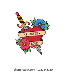 Old school tattoo emblem label with dagger heart flowers symbols and wording forever love. Traditional tattooing style ink. Isolated vector.