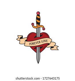 Old school tattoo emblem label with dagger heart symbols and wording forever love. Traditional tattooing style ink. Isolated vector.