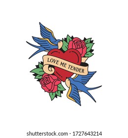 Old school tattoo emblem label with swallow rose heart symbols and wording love me tender. Traditional tattooing style ink. Isolated vector.