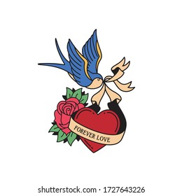 Old school tattoo emblem label with swallow rose heart symbols and wording forever love. Traditional tattooing style ink. Isolated vector.