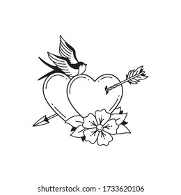 Old school tattoo emblem label with arrow swallow heart and flower symbols. Traditional tattooing style ink. Isolated vector.