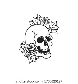 Old school tattoo emblem label with rose and skull symbols. Traditional tattooing style ink. Isolated vector.